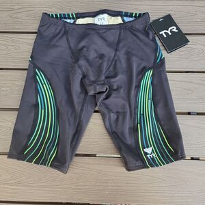 TYR  Boys Mens Supersonic Jammer Black Green Splice  Swimwear  SZ 28 NWT
